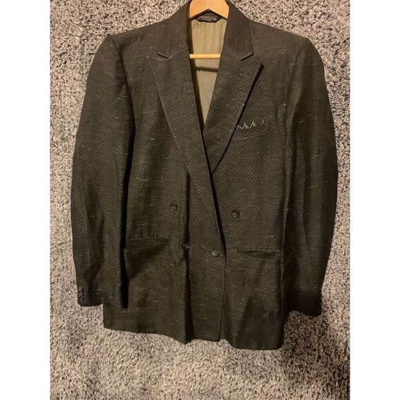 Vintage Falcone Men's Black Double-Breasted Tuxedo Suit Herringbone